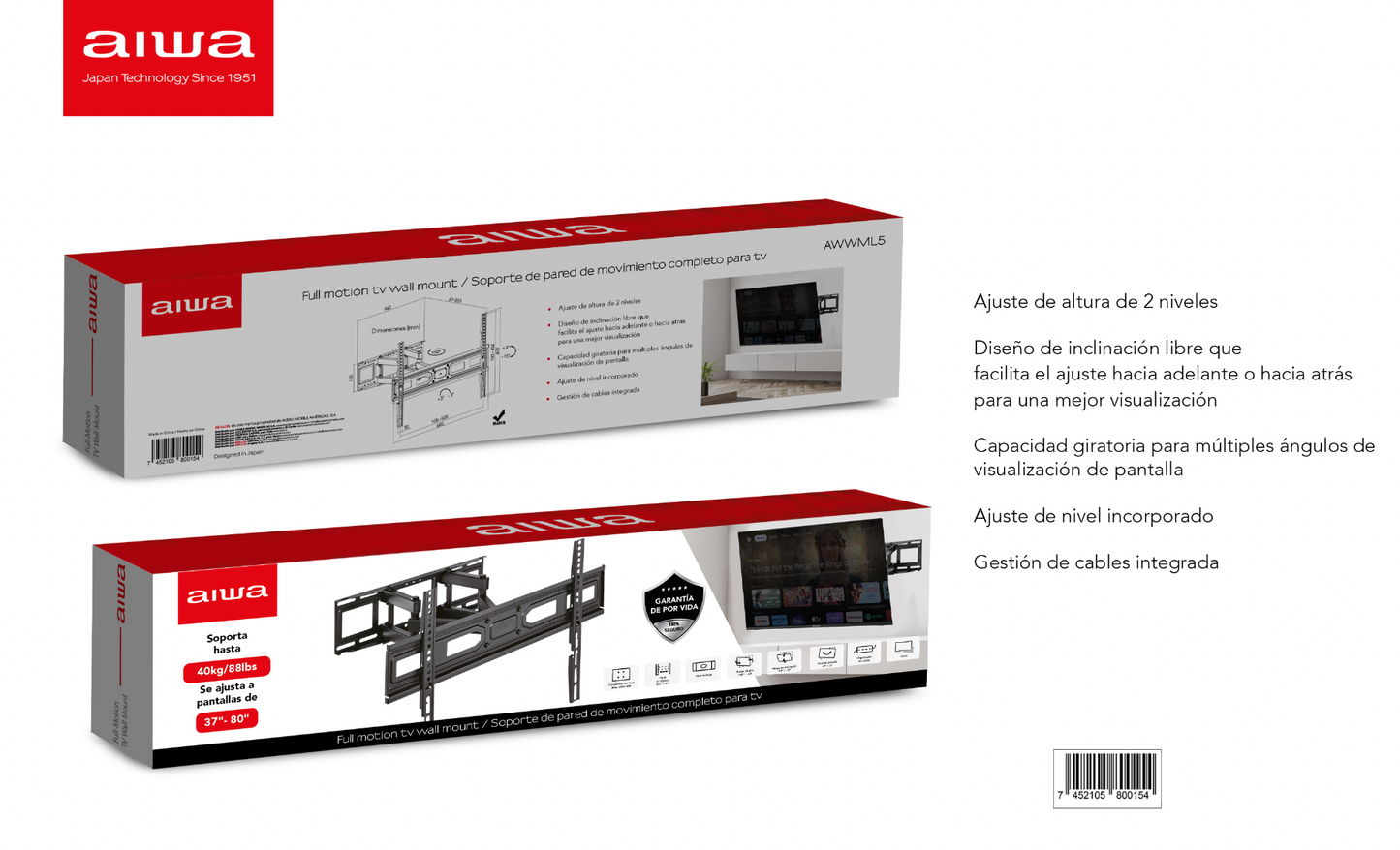 Soporte de Pared | Rotación e Inclinación | 37" a 80" |AWWML5