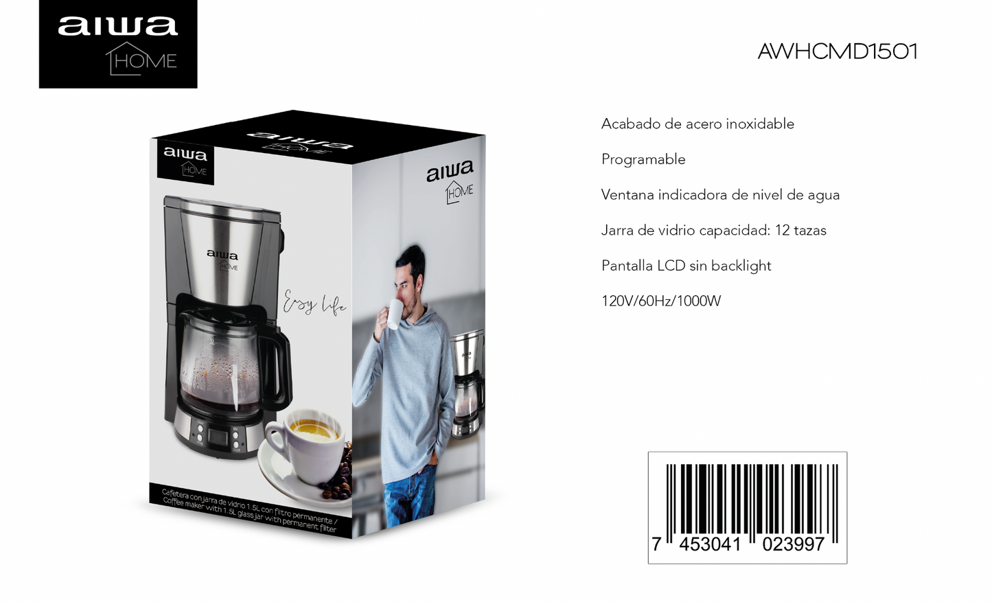 Cafetera Jarra de Vidrio de 12 Tazas| Programable |Acero Inoxidable| Negro|AWHCMD1501