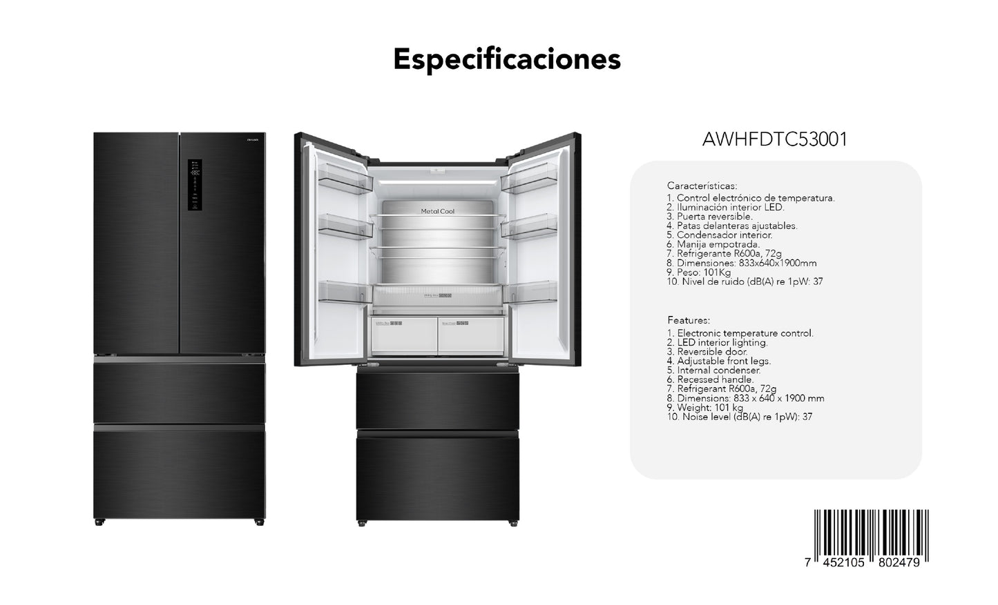 Refrigeradora| Black Edition| French Door de 18.8 CuFT |AWHFDTC53001