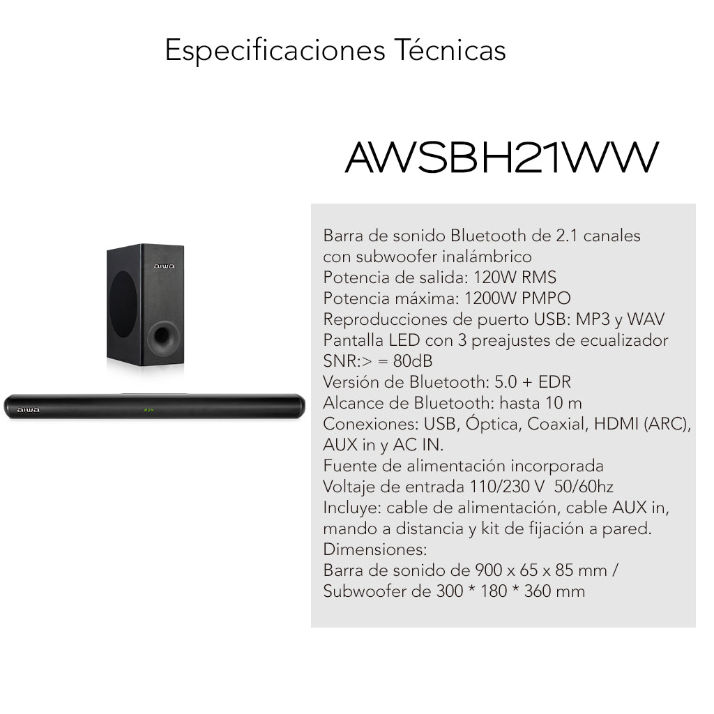 Barra de Sonido con Woofer | Wireless | 2.1 canales y 1200W | AWSBH21WW