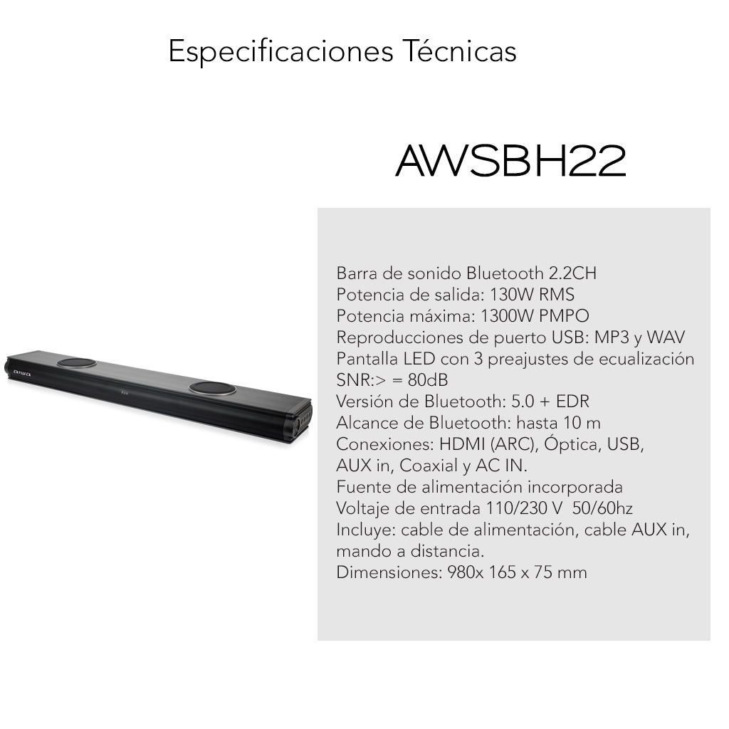 Barra de Sonido Bluetooth |2.2 canales + 2 subwoofers integrados | AWSBH22